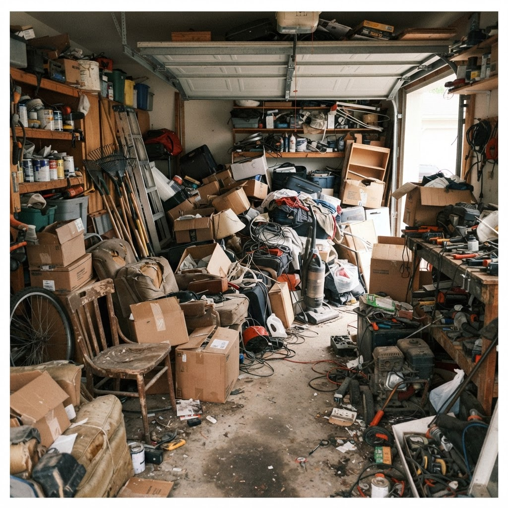 Garage Cleanout before Fonk & Haul Solutions cleared the space